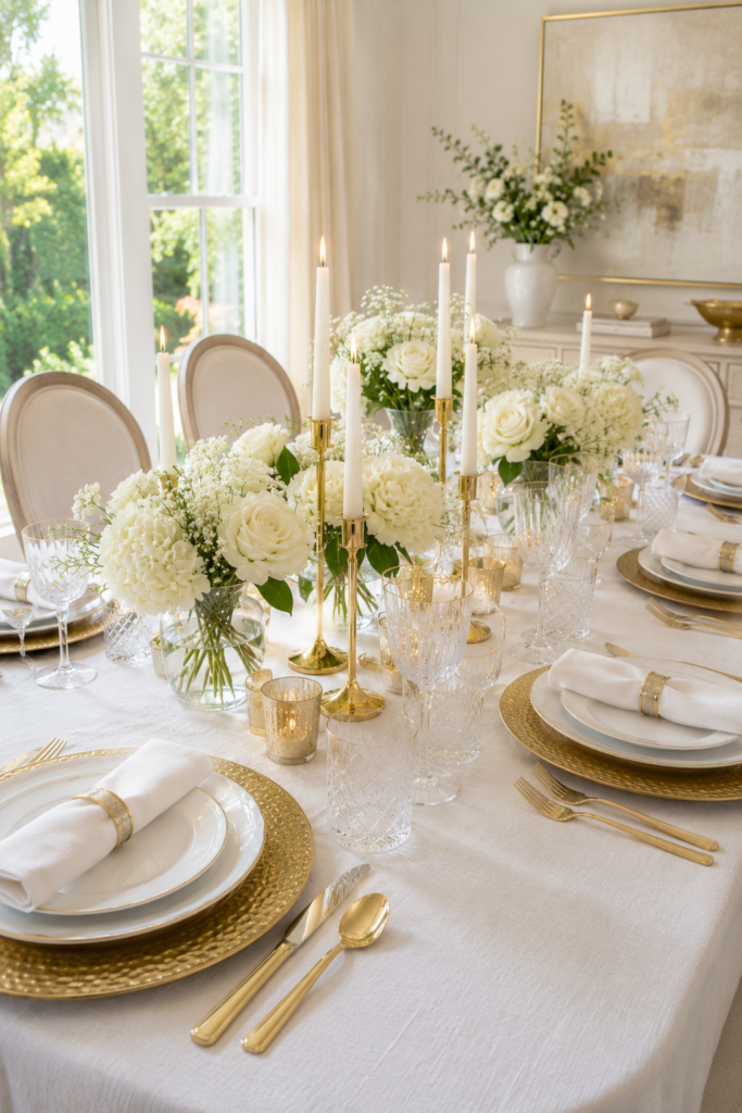 white and gold table setting idea
